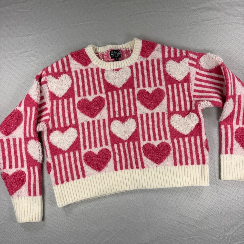 Major Label Group Pink Heart Knit Sweater Womens S Small Valentine Cozy Crewneck